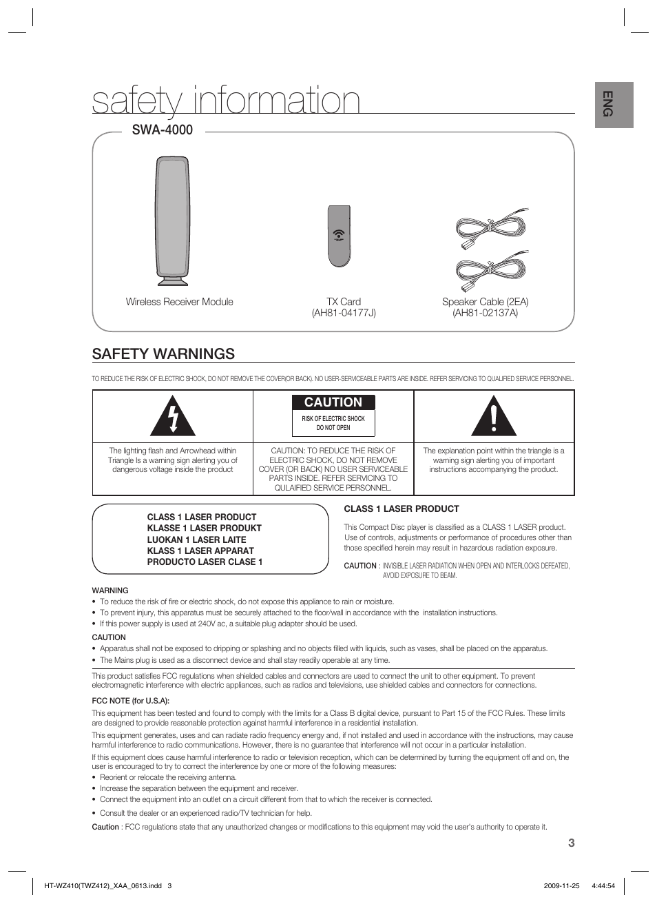 Safety information, Safety warnings, Swa-4000 | Caution | Samsung HT-TWZ412T-XAA User Manual | Page 3 / 75