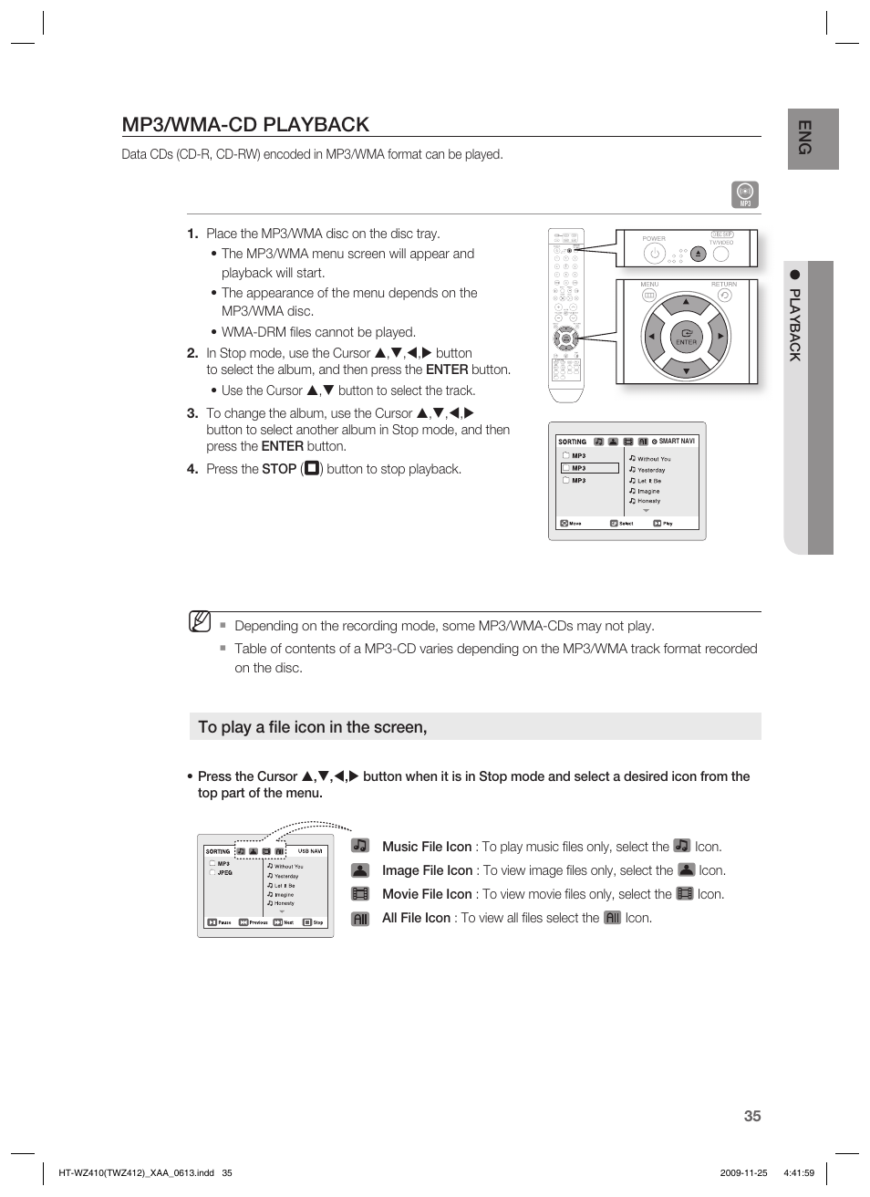 Mp3/wma-cd playback | Samsung HT-TWZ412T-XAA User Manual | Page 35 / 75