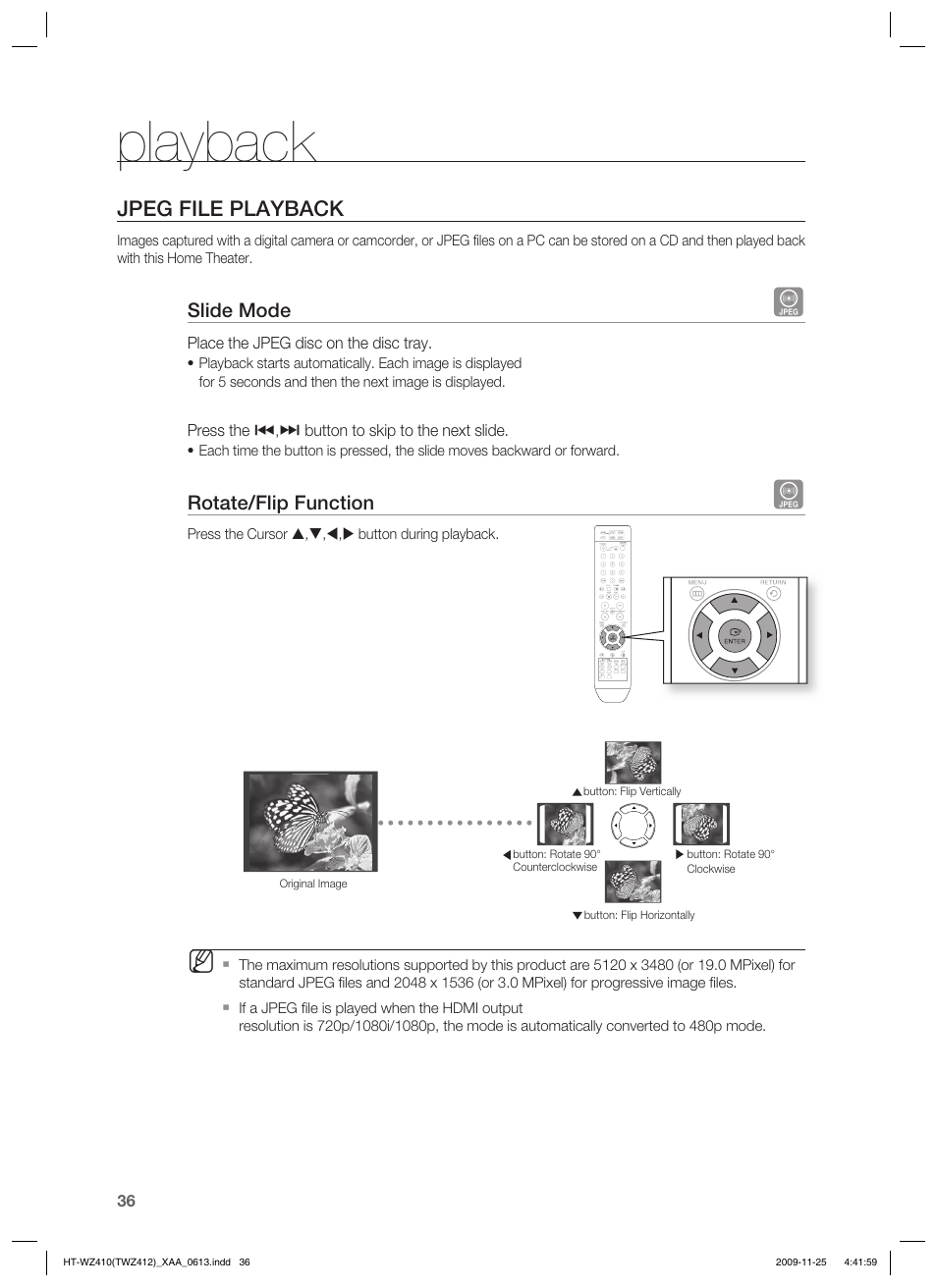 Jpeg file playback, Playback | Samsung HT-TWZ412T-XAA User Manual | Page 36 / 75