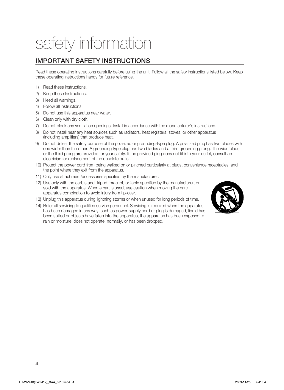 Important safety instructions, Safety information | Samsung HT-TWZ412T-XAA User Manual | Page 4 / 75