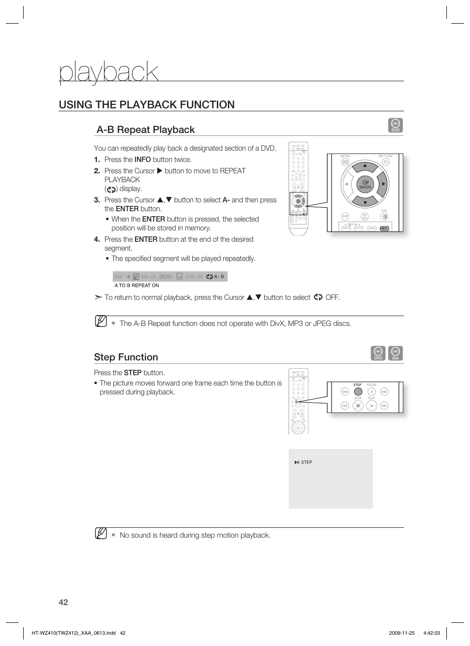 Playback, Using the playback function | Samsung HT-TWZ412T-XAA User Manual | Page 42 / 75