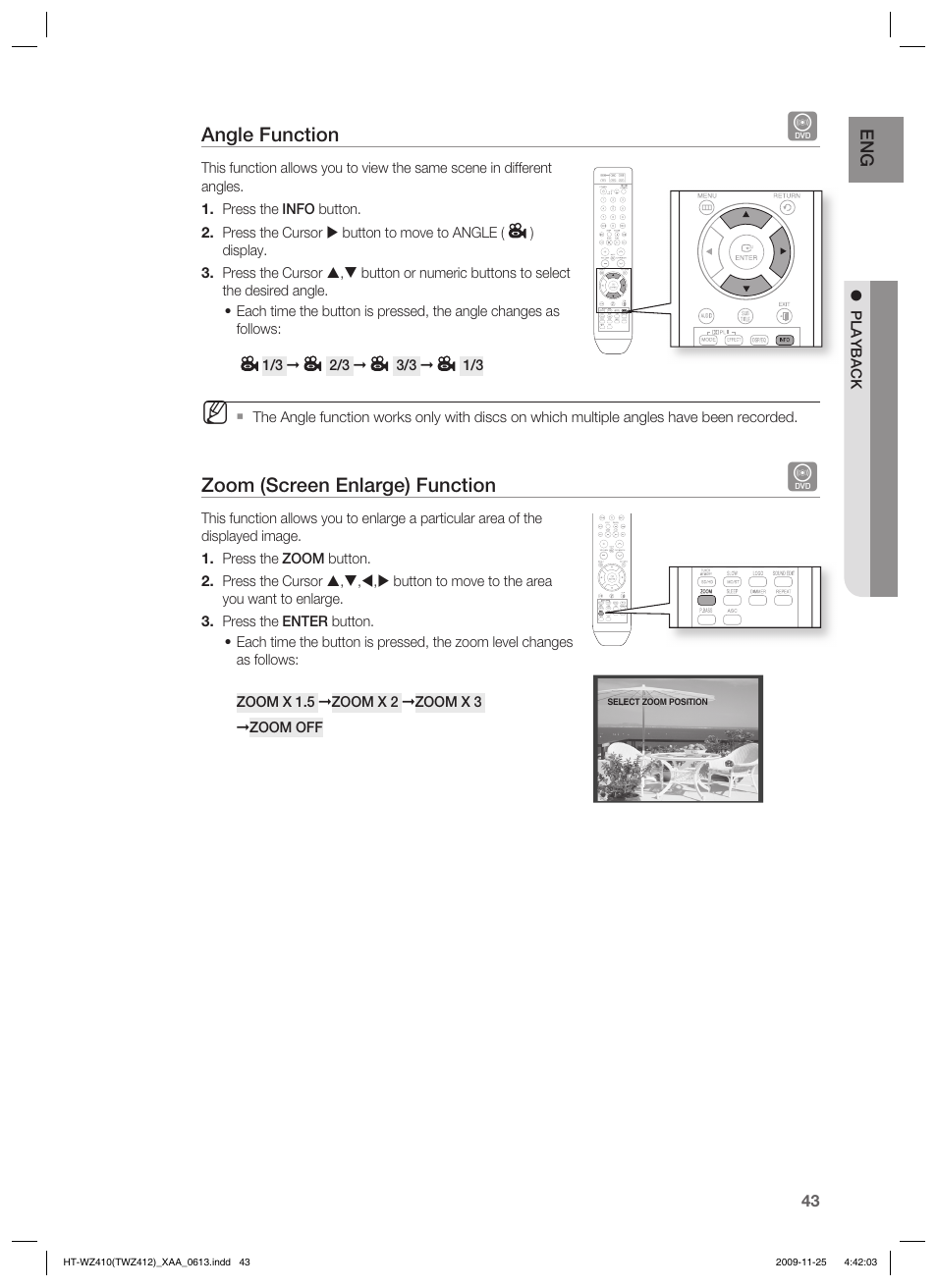 Angle function, Zoom (screen enlarge) function | Samsung HT-TWZ412T-XAA User Manual | Page 43 / 75