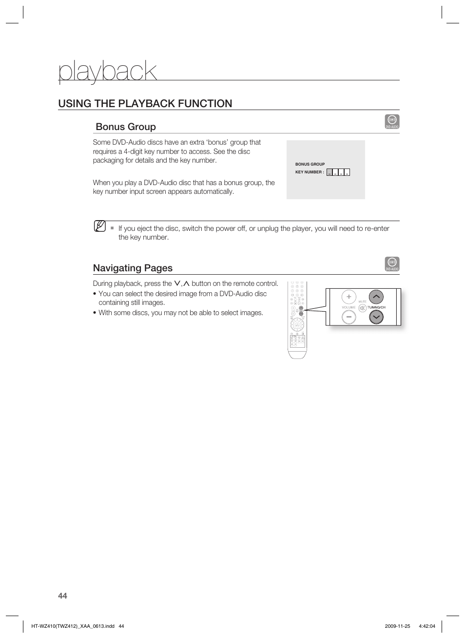 Playback, Using the playback function, Bonus group | Navigating pages | Samsung HT-TWZ412T-XAA User Manual | Page 44 / 75