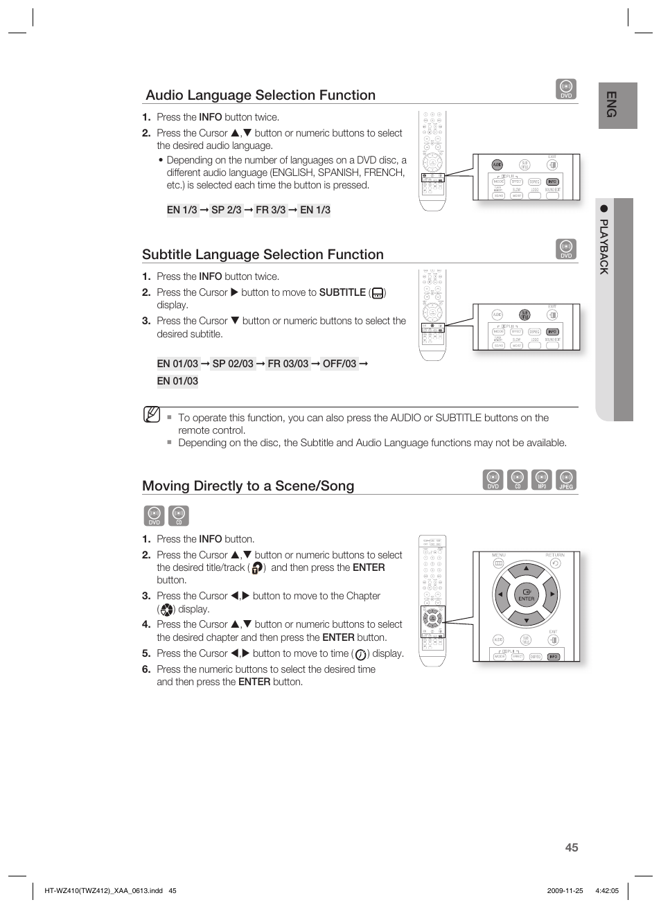 Dbag db, Audio language selection function, Subtitle language selection function | Moving directly to a scene/song | Samsung HT-TWZ412T-XAA User Manual | Page 45 / 75