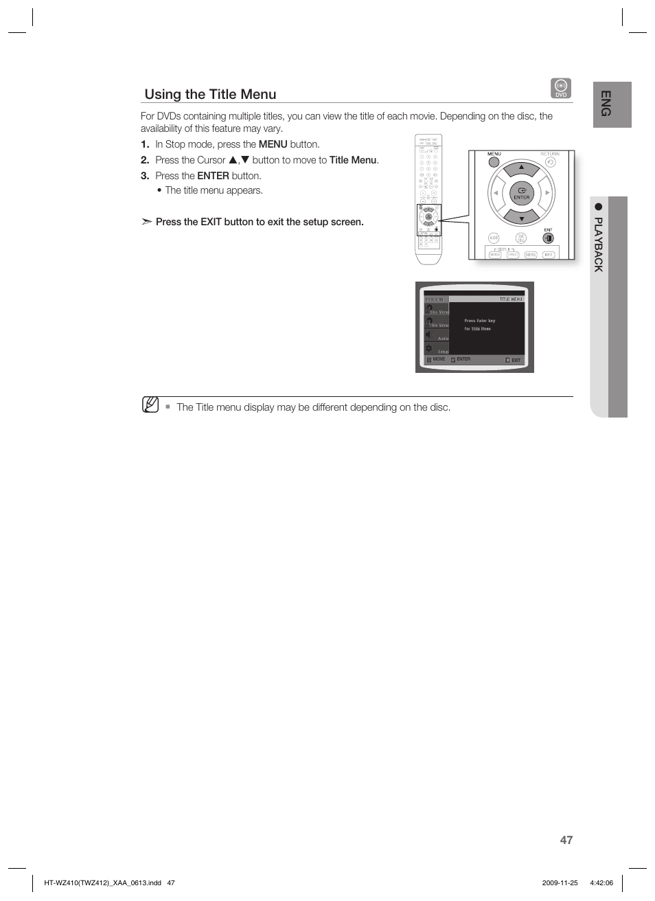 Using the title menu | Samsung HT-TWZ412T-XAA User Manual | Page 47 / 75