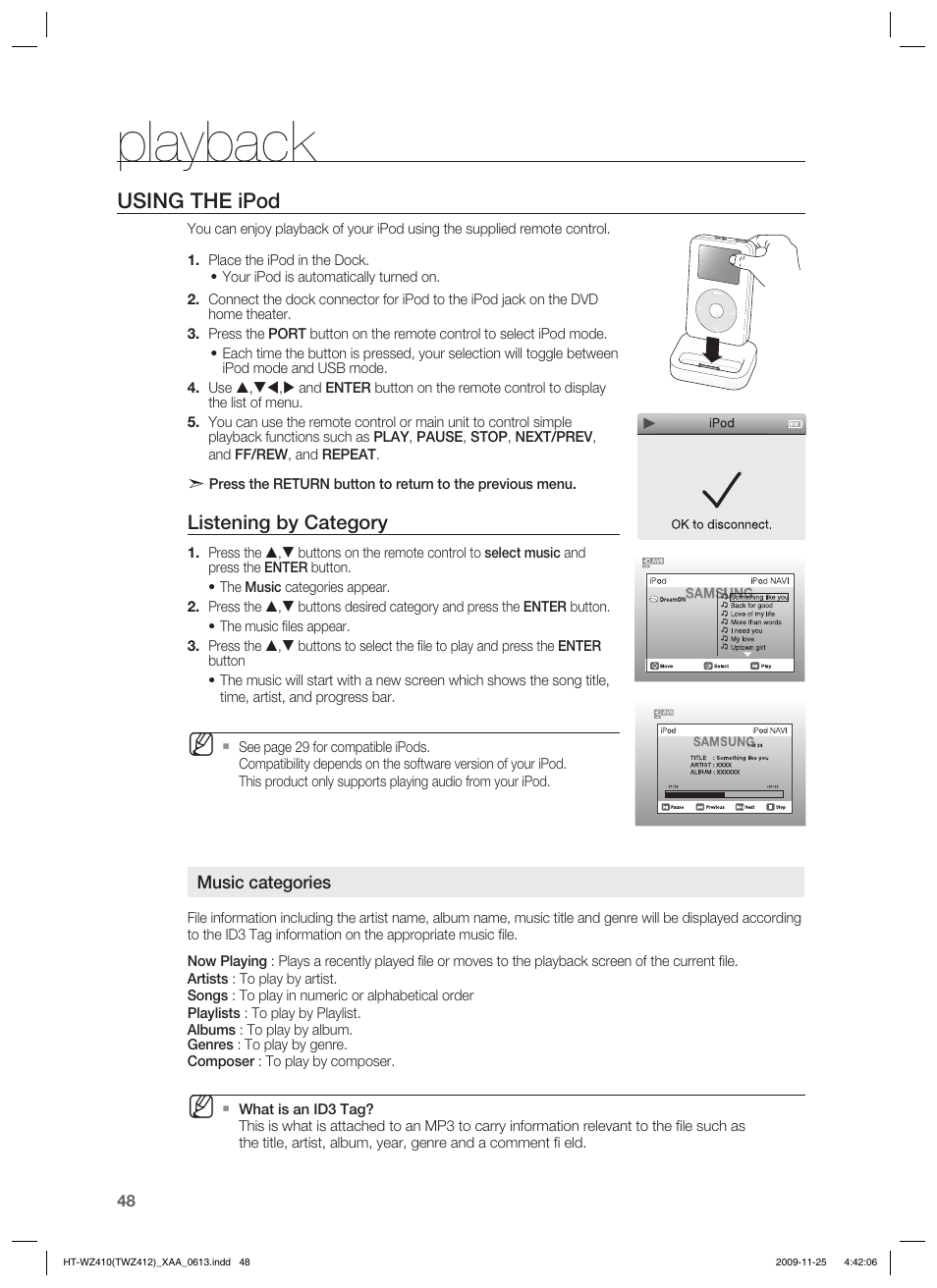 Using the ipod, Playback, Listening by category | Samsung HT-TWZ412T-XAA User Manual | Page 48 / 75