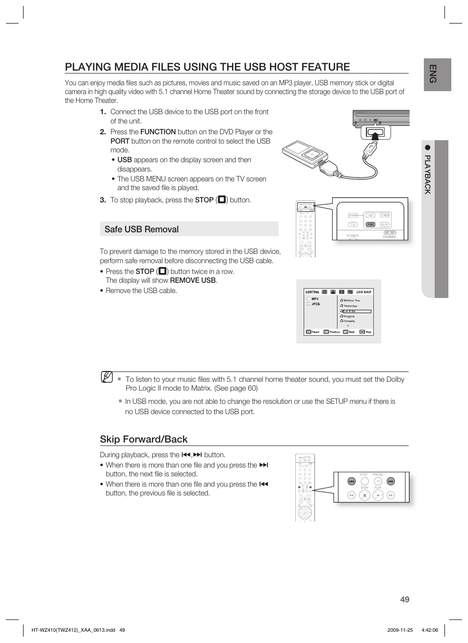 Playing media files using the usb host feature, Skip forward/back | Samsung HT-TWZ412T-XAA User Manual | Page 49 / 75