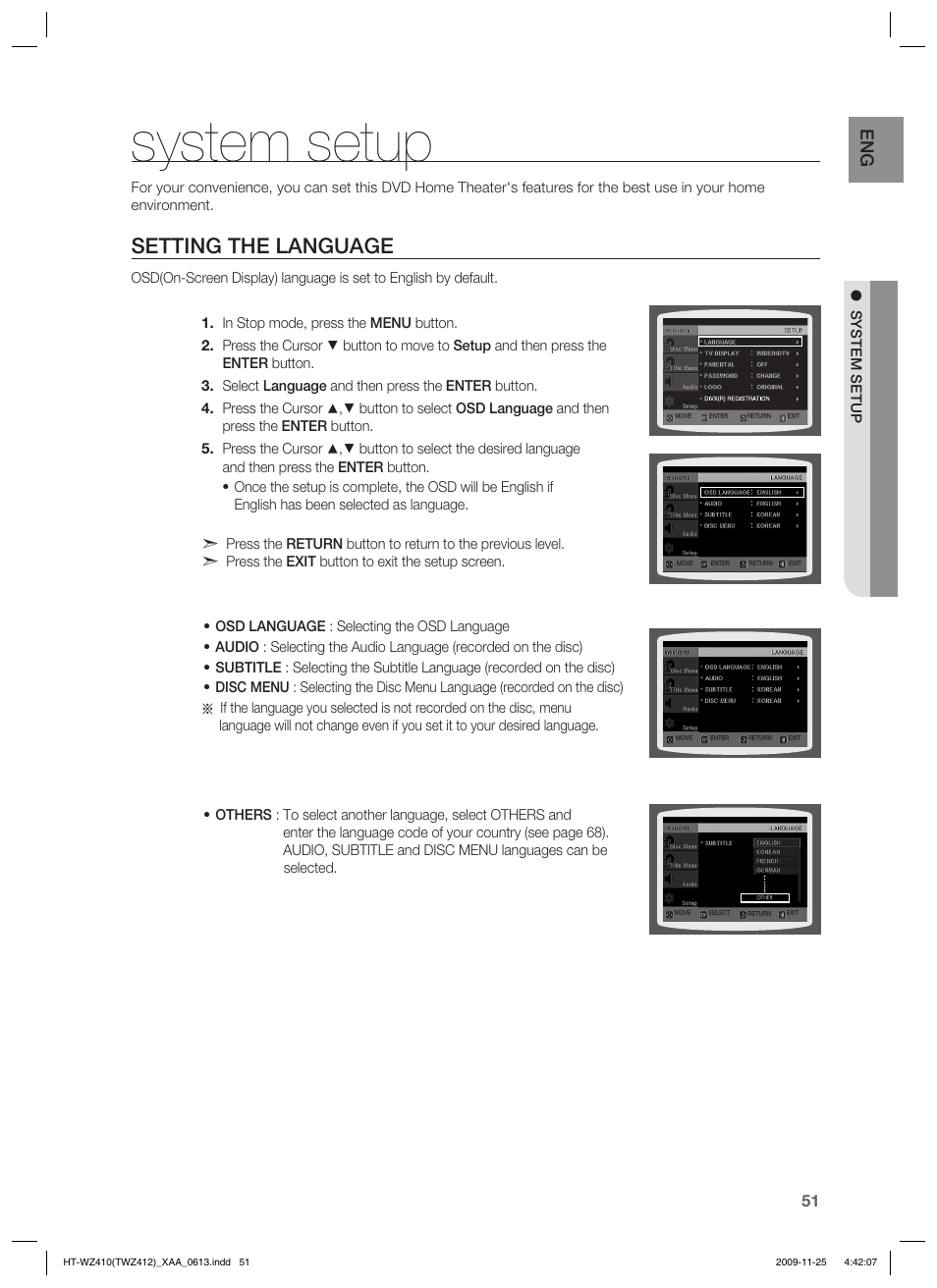 System setup, Setting the language | Samsung HT-TWZ412T-XAA User Manual | Page 51 / 75