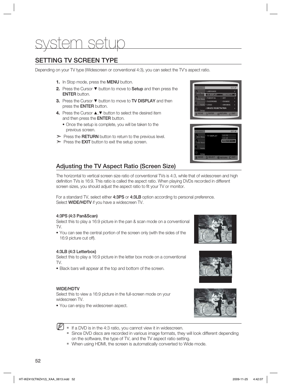 Setting tv screen type, System setup, Adjusting the tv aspect ratio (screen size) | Samsung HT-TWZ412T-XAA User Manual | Page 52 / 75