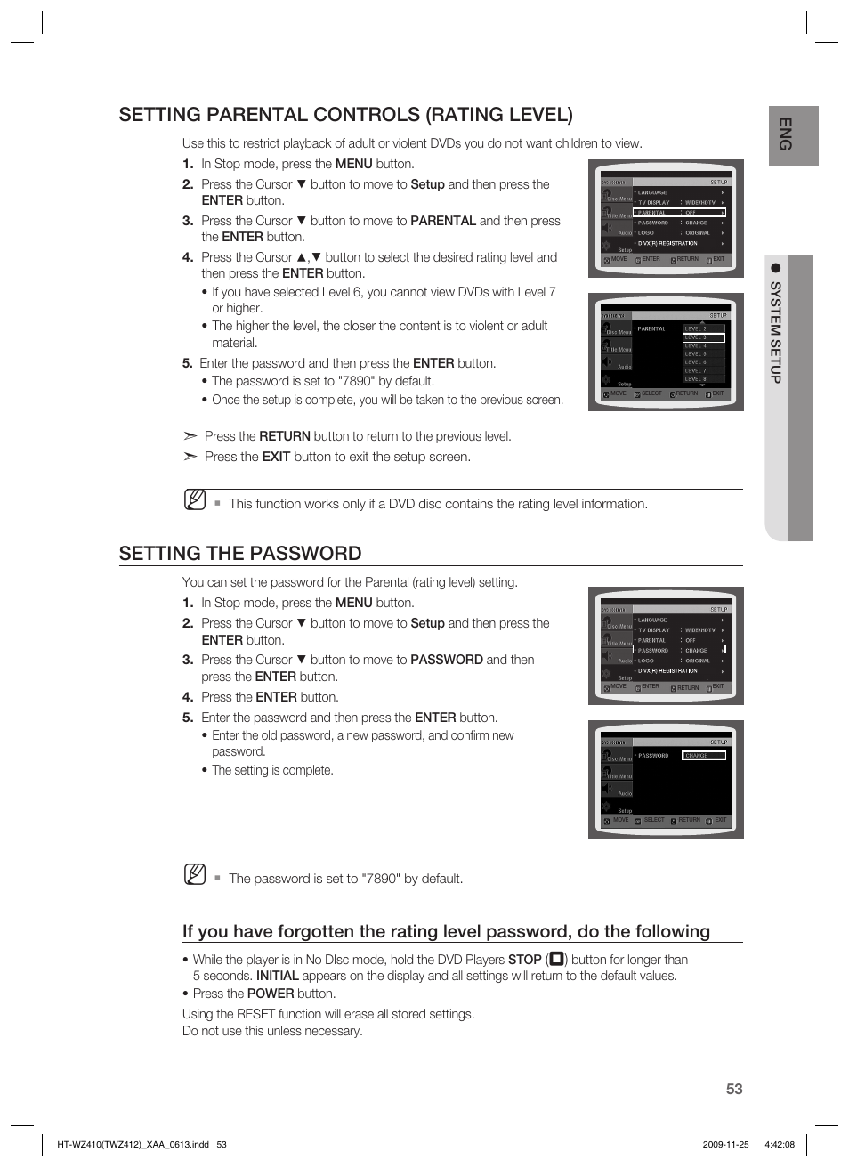 Setting parental controls (rating level), Setting the password | Samsung HT-TWZ412T-XAA User Manual | Page 53 / 75