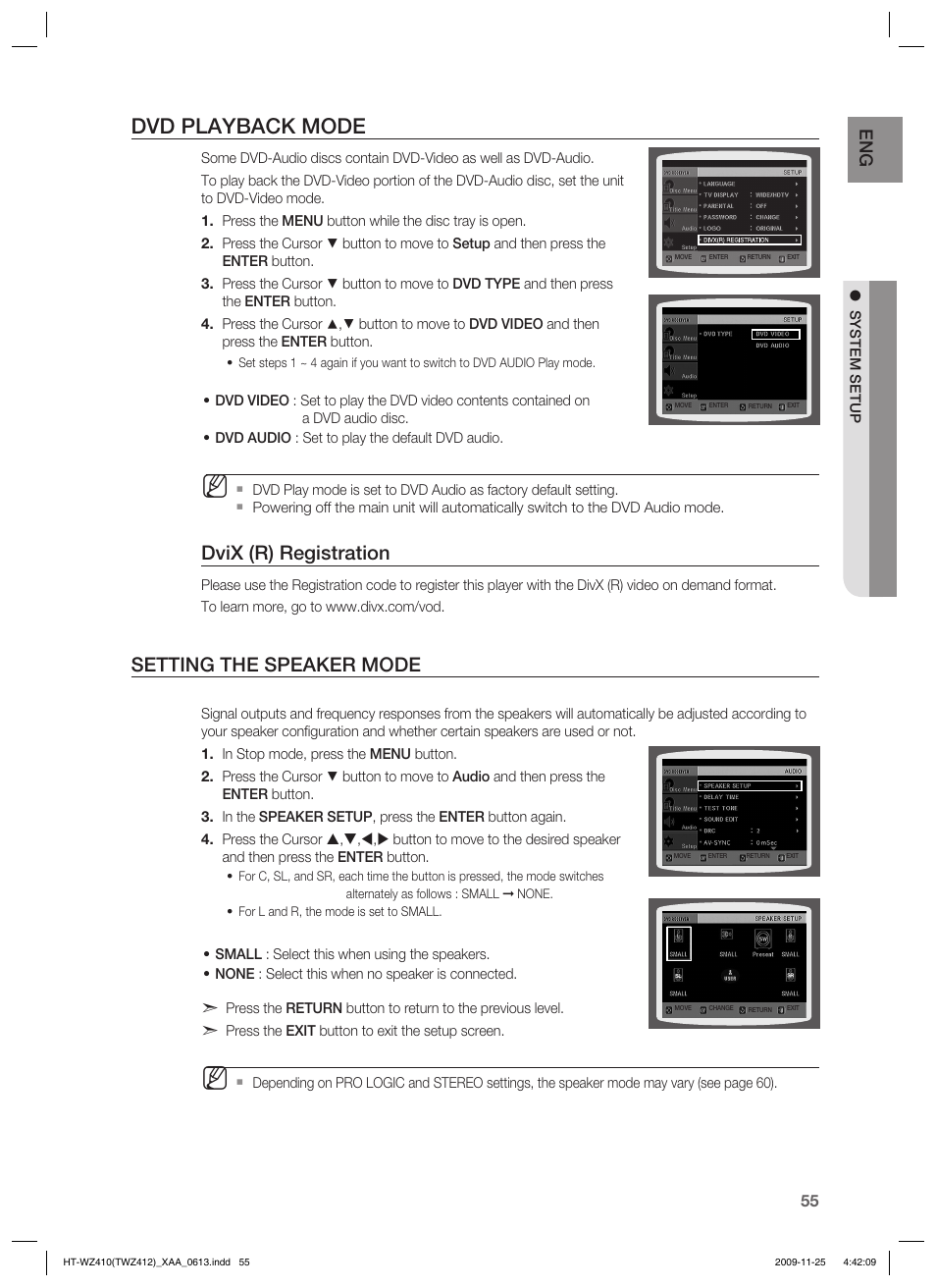 Dvd playback mode, Setting the speaker mode, Dvix (r) registration | Samsung HT-TWZ412T-XAA User Manual | Page 55 / 75