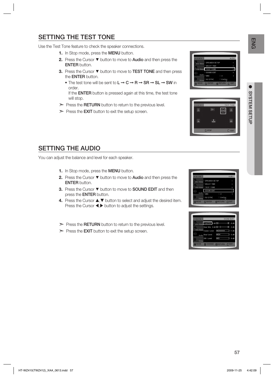 Setting the test tone, Setting the audio | Samsung HT-TWZ412T-XAA User Manual | Page 57 / 75