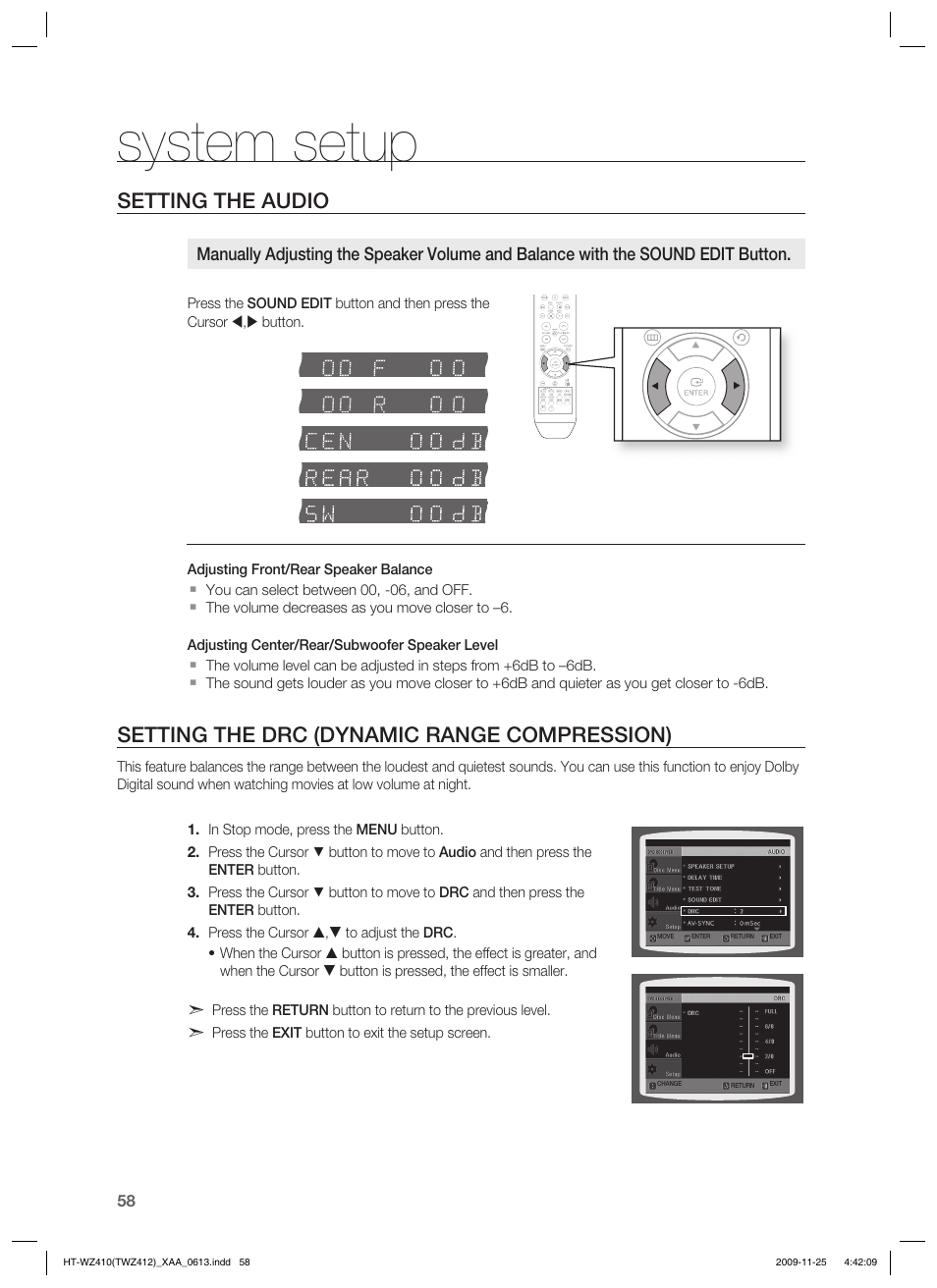 Setting the drc (dynamic range compression), System setup, Setting the audio | Samsung HT-TWZ412T-XAA User Manual | Page 58 / 75