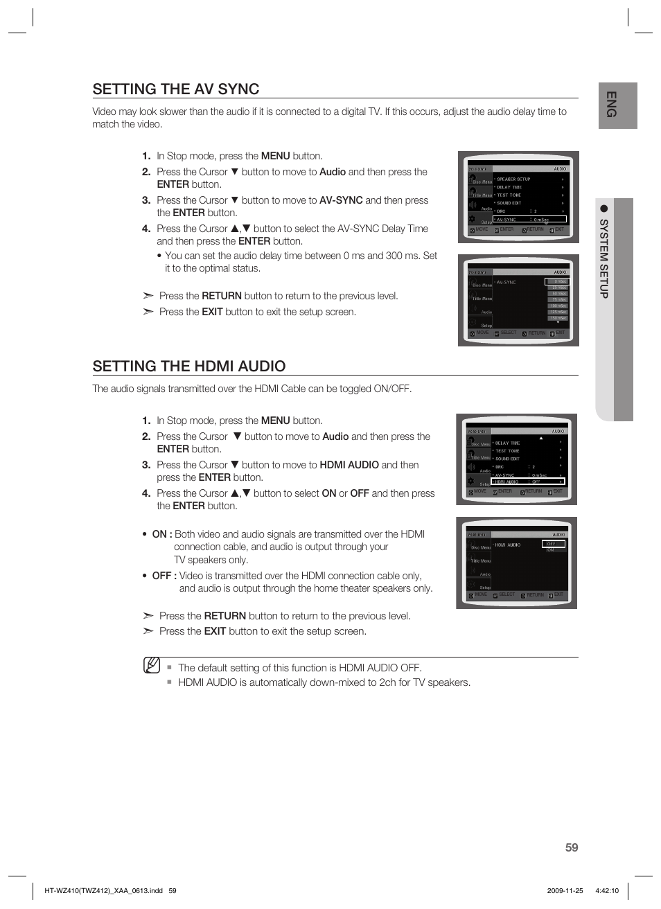 Setting the av sync, Setting the hdmi audio | Samsung HT-TWZ412T-XAA User Manual | Page 59 / 75