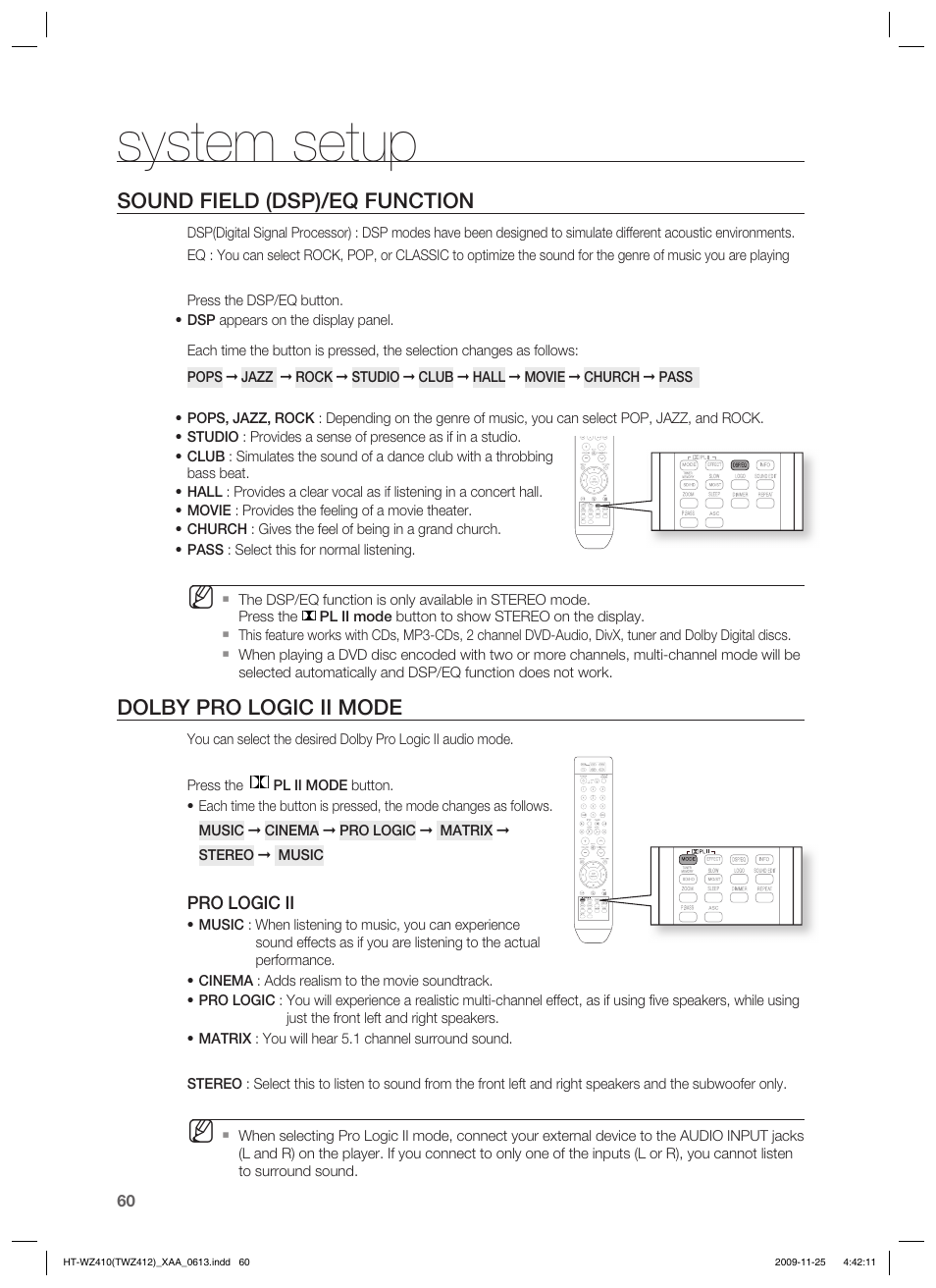 Sound field (dsp)/eq function, Dolby pro logic ii mode, System setup | Samsung HT-TWZ412T-XAA User Manual | Page 60 / 75