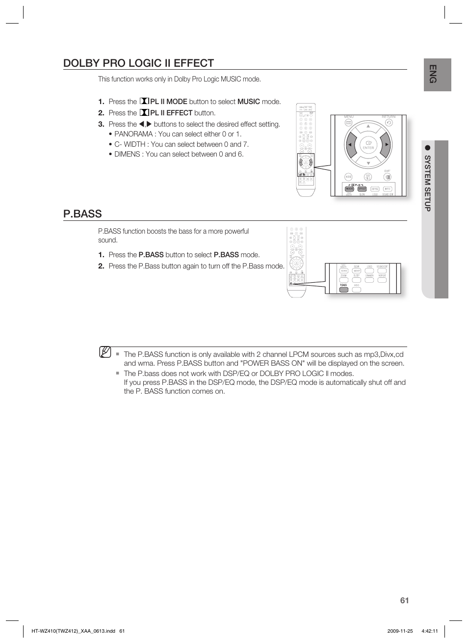 Dolby pro logic ii effect, P.bass | Samsung HT-TWZ412T-XAA User Manual | Page 61 / 75
