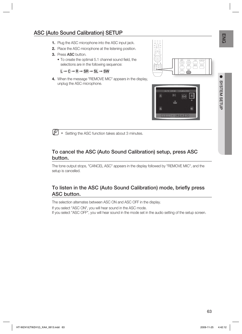 Asc (auto sound calibration) setup | Samsung HT-TWZ412T-XAA User Manual | Page 63 / 75