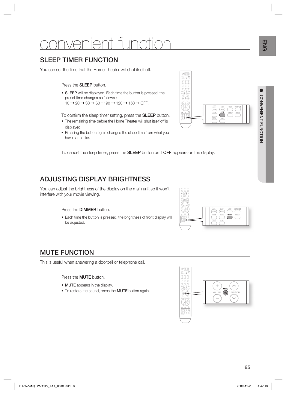 Convenient function, Sleep timer function, Adjusting display brightness | Mute function | Samsung HT-TWZ412T-XAA User Manual | Page 65 / 75