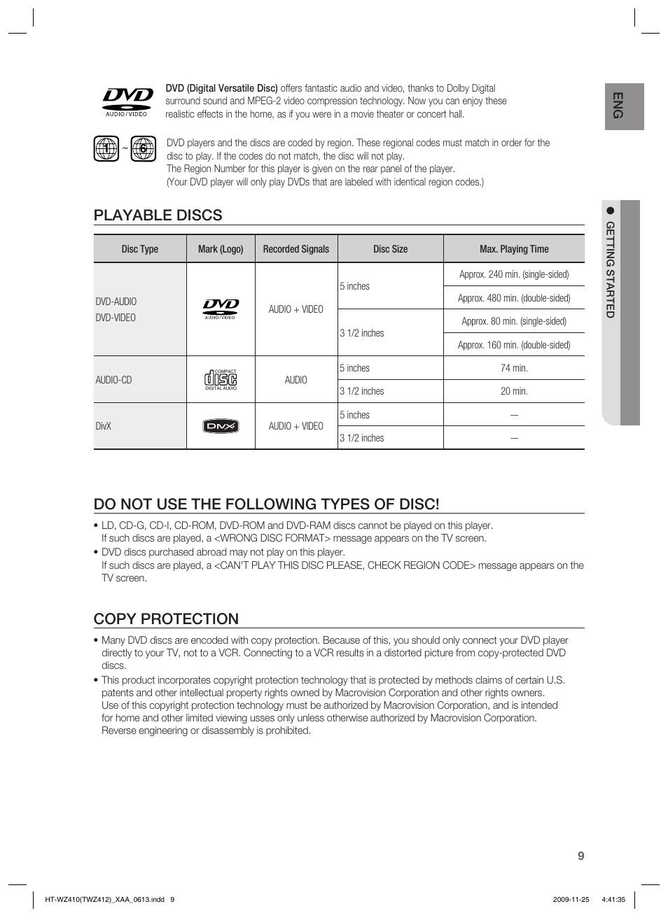 Playable discs, Do not use the following types of disc, Copy protection | Samsung HT-TWZ412T-XAA User Manual | Page 9 / 75