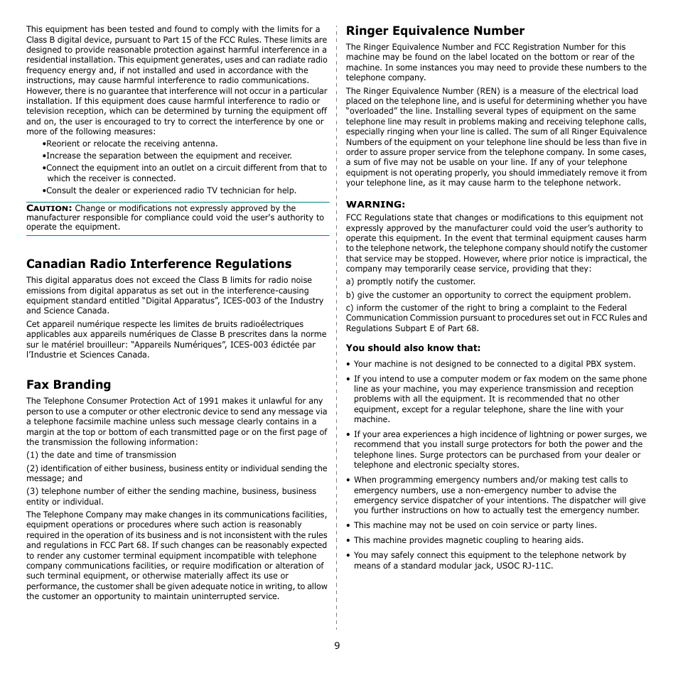 Canadian radio interference regulations, Fax branding, Ringer equivalence number | Samsung SCX-4521F-XAA User Manual | Page 10 / 125
