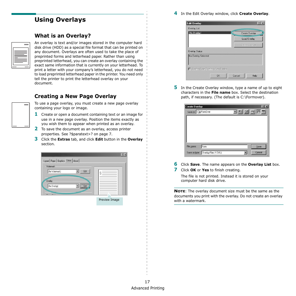 Using overlays, What is an overlay, Creating a new page overlay | Samsung SCX-4521F-XAA User Manual | Page 100 / 125