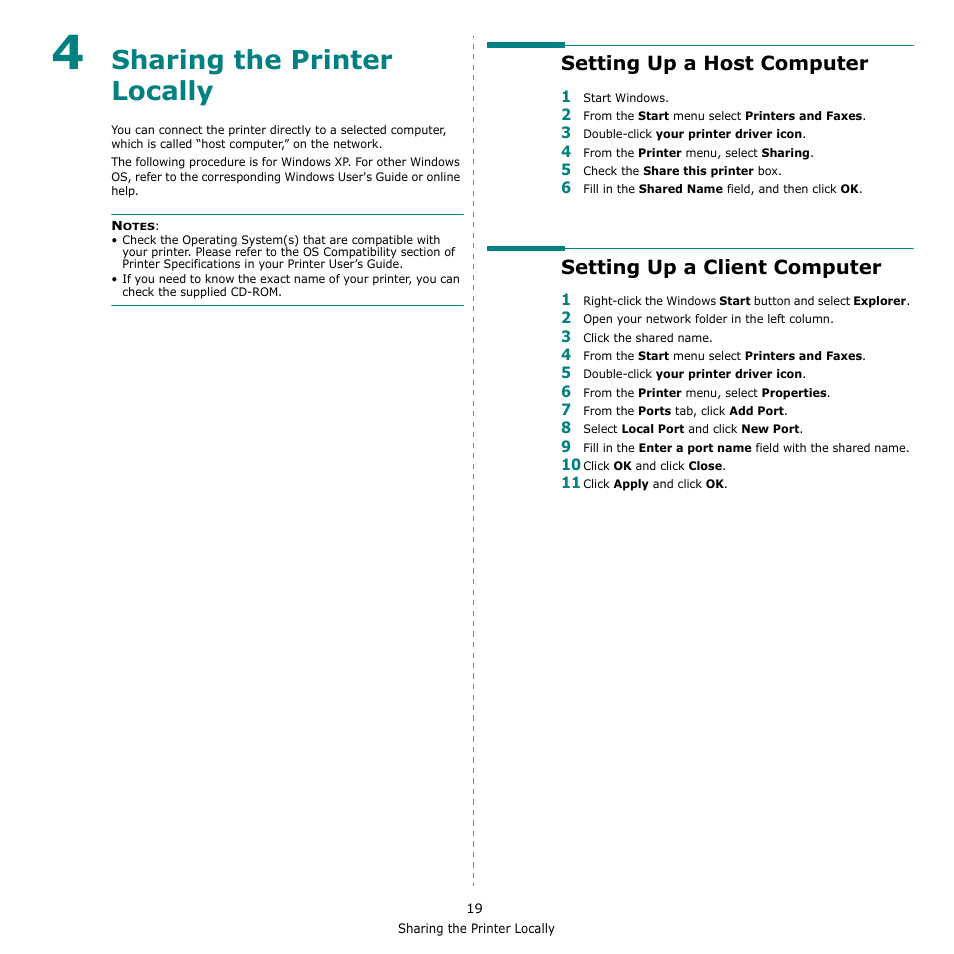 Sharing the printer locally, Setting up a host computer, Setting up a client computer | Chapter 4 | Samsung SCX-4521F-XAA User Manual | Page 102 / 125