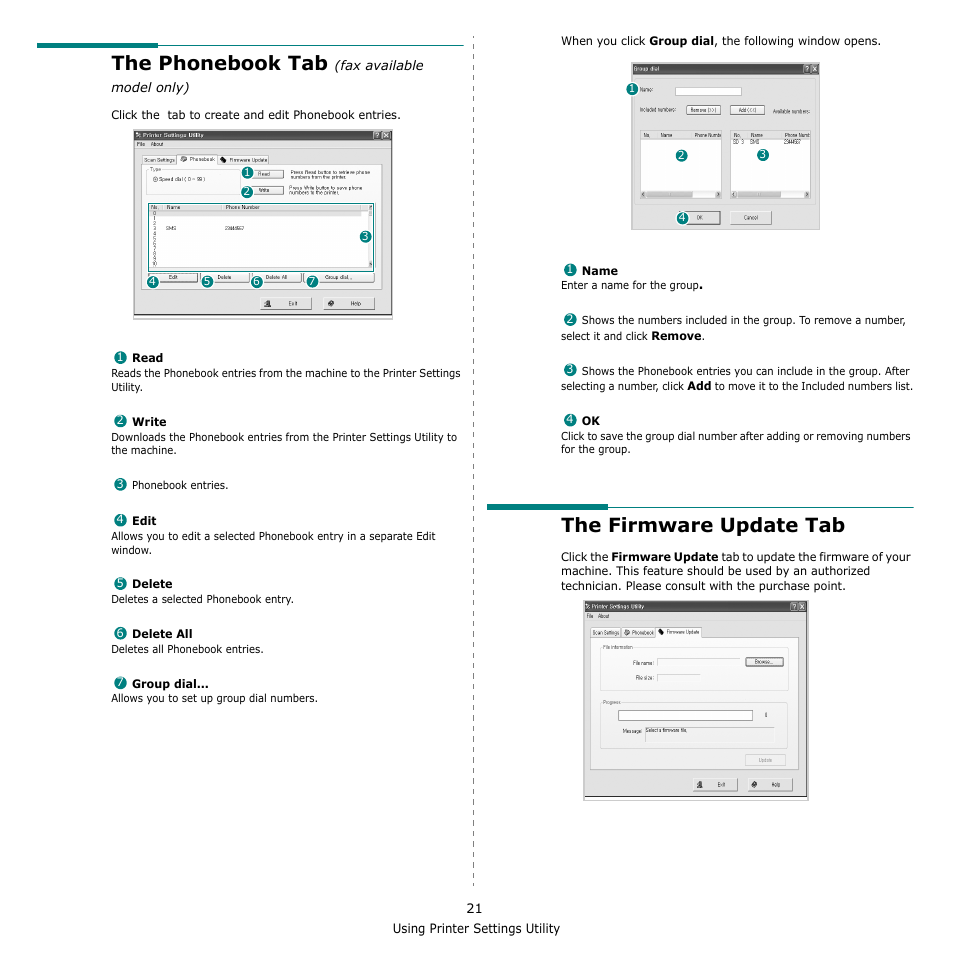 The phonebook tab (fax available model only), The firmware update tab, The phonebook tab | Samsung SCX-4521F-XAA User Manual | Page 104 / 125