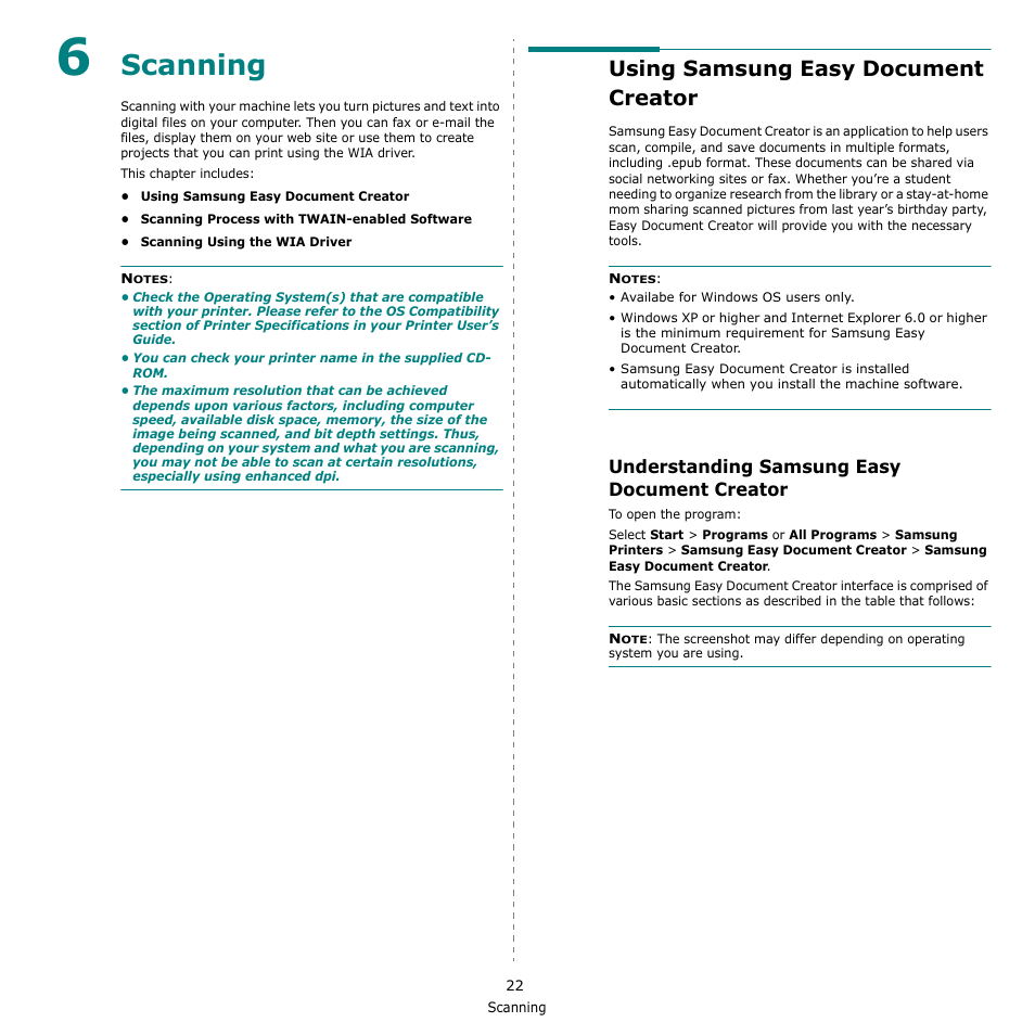 Scanning, Using samsung easy document creator, Understanding samsung easy document creator | Chapter 6 | Samsung SCX-4521F-XAA User Manual | Page 105 / 125