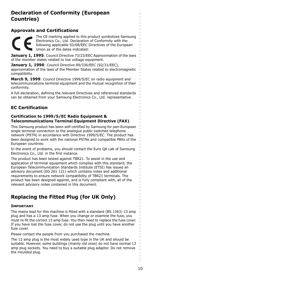 Declaration of conformity (european countries), Replacing the fitted plug (for uk only) | Samsung SCX-4521F-XAA User Manual | Page 11 / 125