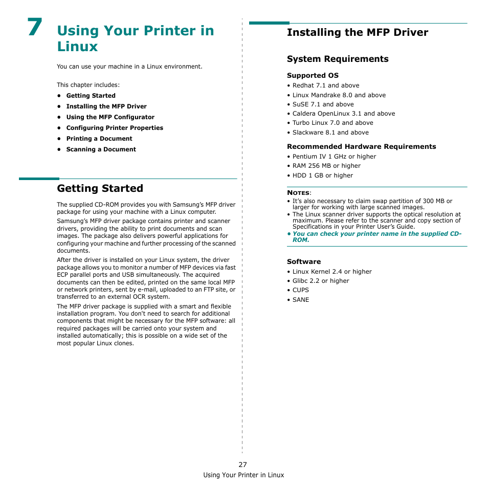 Using your printer in linux, Getting started, Installing the mfp driver | System requirements, Chapter 7, Getting started installing the mfp driver | Samsung SCX-4521F-XAA User Manual | Page 110 / 125