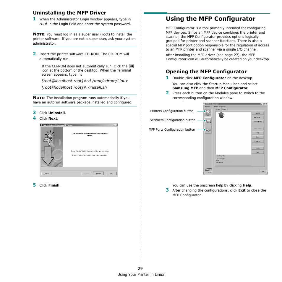 Uninstalling the mfp driver, Using the mfp configurator, Opening the mfp configurator | Samsung SCX-4521F-XAA User Manual | Page 112 / 125