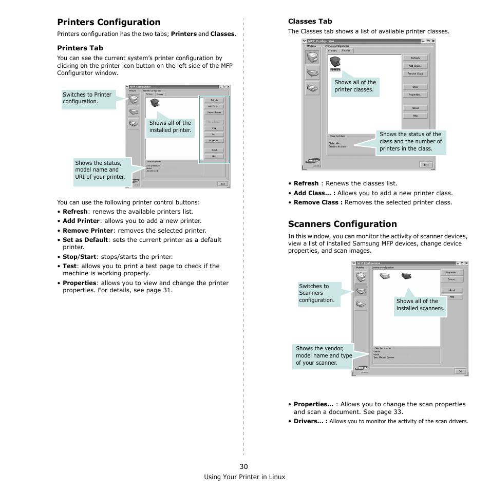 Printers configuration, Scanners configuration, Printers configuration scanners configuration | Samsung SCX-4521F-XAA User Manual | Page 113 / 125