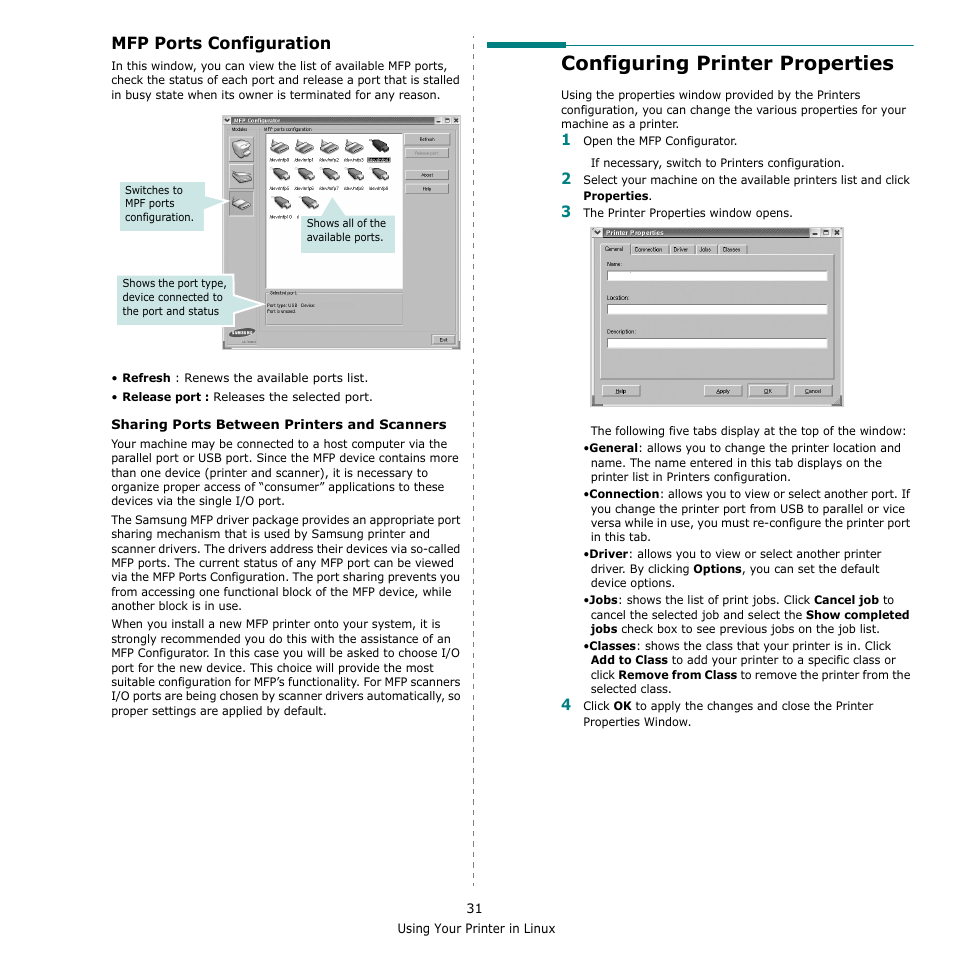 Mfp ports configuration, Configuring printer properties | Samsung SCX-4521F-XAA User Manual | Page 114 / 125