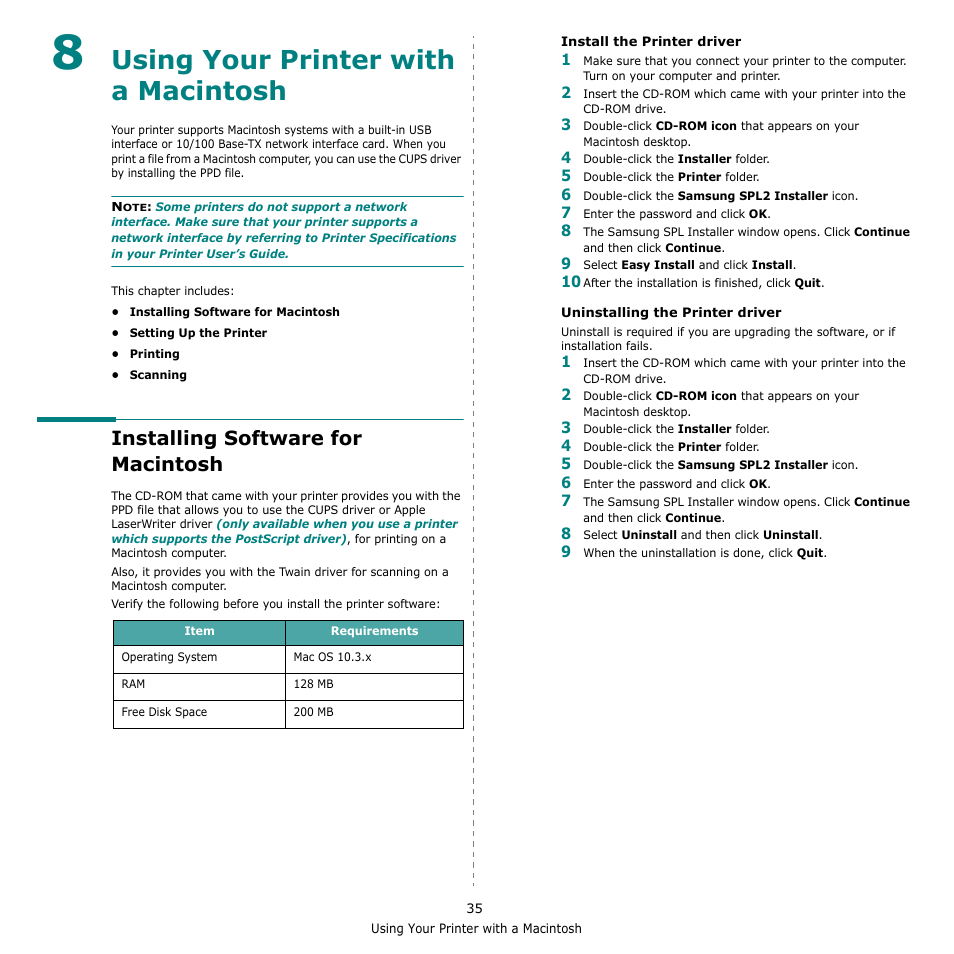Using your printer with a macintosh, Installing software for macintosh, Chapter 8 | Samsung SCX-4521F-XAA User Manual | Page 118 / 125