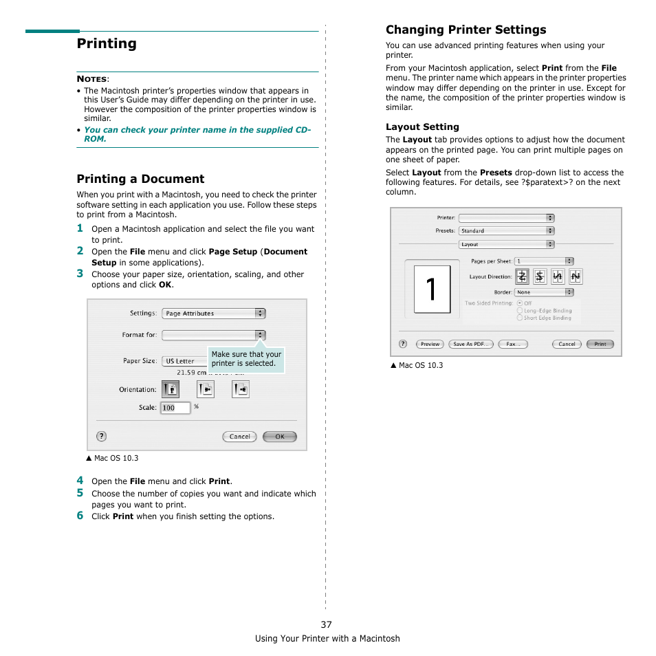 Printing, Printing a document, Changing printer settings | Printing a document changing printer settings | Samsung SCX-4521F-XAA User Manual | Page 120 / 125