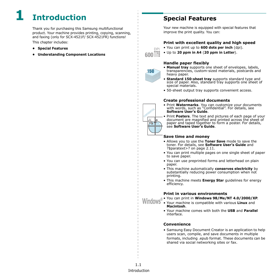Introduction, Special features | Samsung SCX-4521F-XAA User Manual | Page 14 / 125