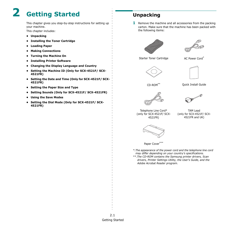Getting started, Unpacking | Samsung SCX-4521F-XAA User Manual | Page 17 / 125