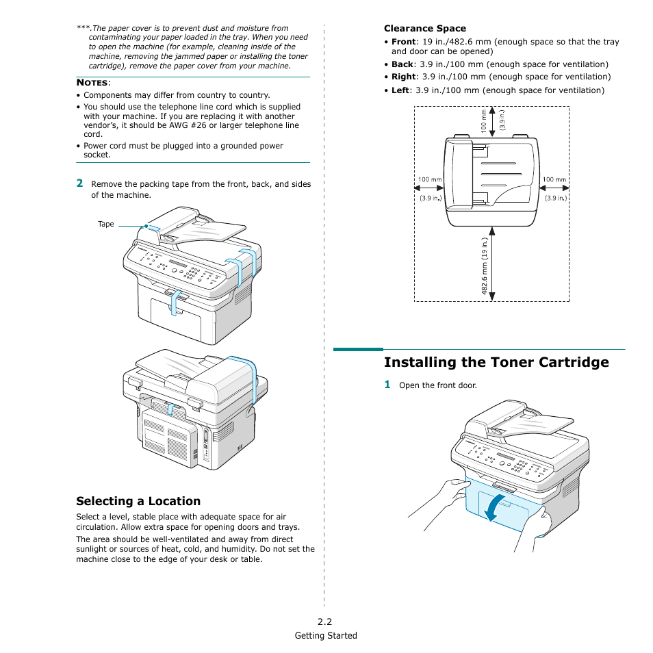 Selecting a location, Installing the toner cartridge | Samsung SCX-4521F-XAA User Manual | Page 18 / 125