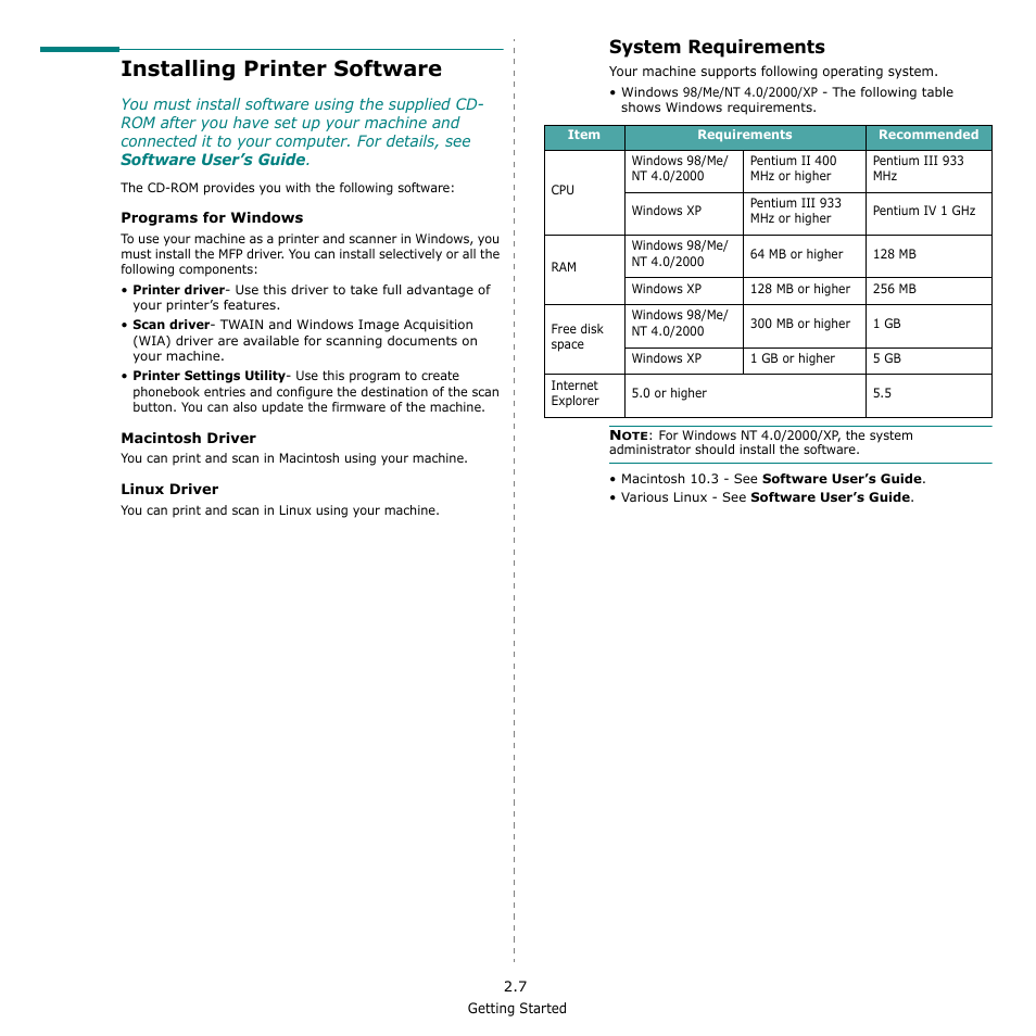 Installing printer software, System requirements | Samsung SCX-4521F-XAA User Manual | Page 23 / 125