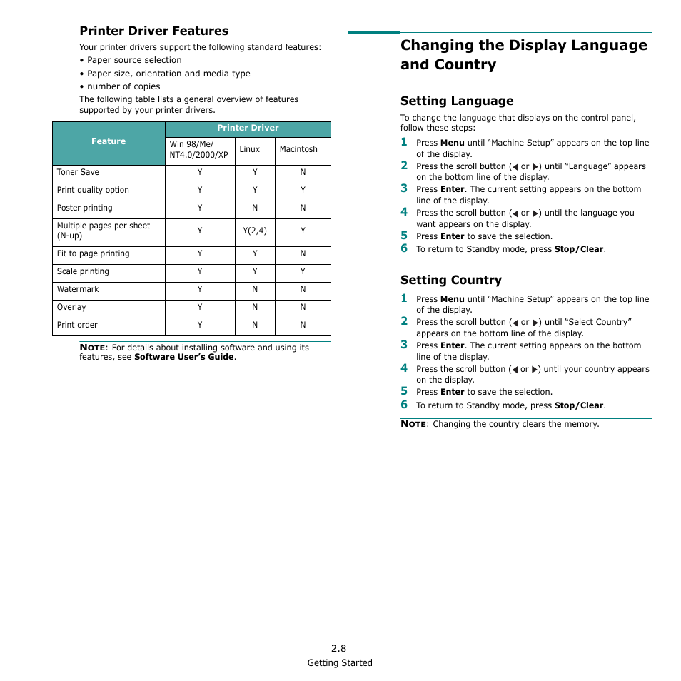 Printer driver features, Changing the display language and country, Setting language | Setting country | Samsung SCX-4521F-XAA User Manual | Page 24 / 125