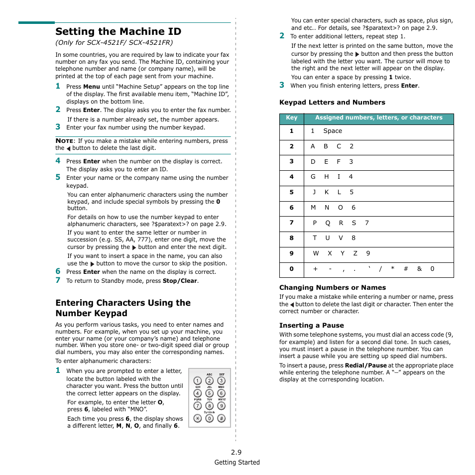 Entering characters using the number keypad, Setting the machine id, Entering characters using the | Number keypad, Setting the machine id (only for scx-4521f/ scx, 4521fr) | Samsung SCX-4521F-XAA User Manual | Page 25 / 125