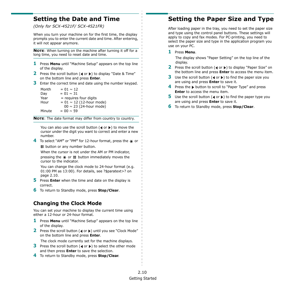 Changing the clock mode, Setting the paper size and type, Setting the date and time | Setting the date and time (only for scx-4521f/ scx, 4521fr) | Samsung SCX-4521F-XAA User Manual | Page 26 / 125