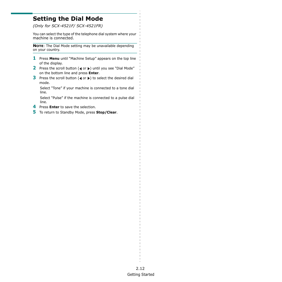Setting the dial mode, Setting the dial mode (only for scx-4521f/ scx, 4521fr) | Samsung SCX-4521F-XAA User Manual | Page 28 / 125