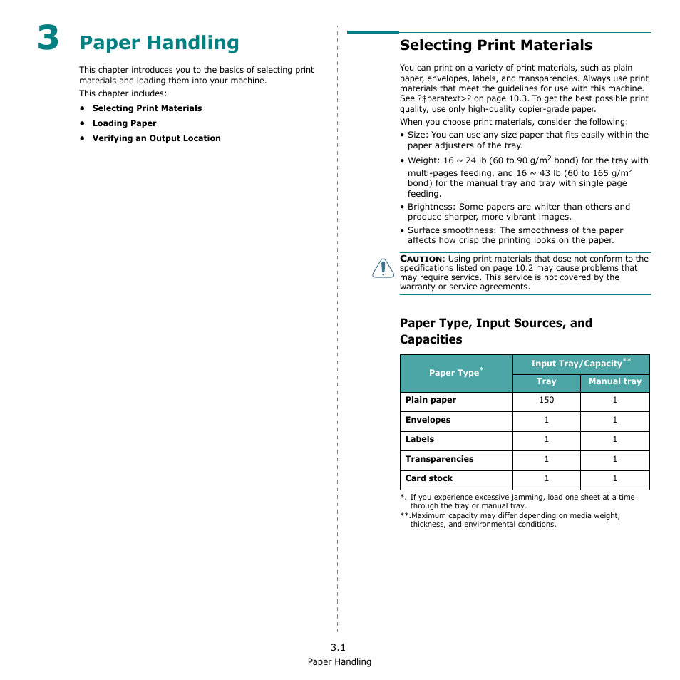 Paper handling, Selecting print materials, Paper type, input sources, and capacities | Samsung SCX-4521F-XAA User Manual | Page 29 / 125