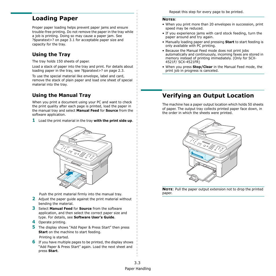 Loading paper, Using the tray, Using the manual tray | Verifying an output location | Samsung SCX-4521F-XAA User Manual | Page 31 / 125