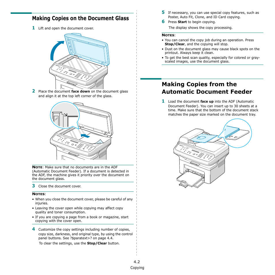 Making copies on the document glass, Making copies from the automatic document feeder | Samsung SCX-4521F-XAA User Manual | Page 33 / 125