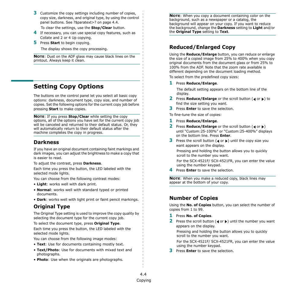 Setting copy options, Darkness, Original type | Reduced/enlarged copy, Number of copies | Samsung SCX-4521F-XAA User Manual | Page 35 / 125