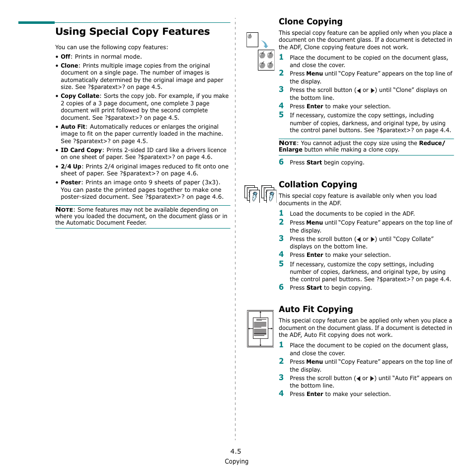 Using special copy features, Clone copying, Collation copying | Auto fit copying | Samsung SCX-4521F-XAA User Manual | Page 36 / 125
