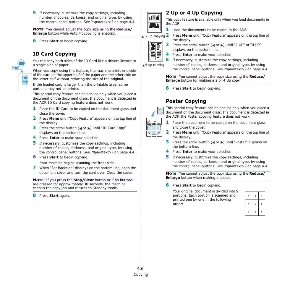 Id card copying, 2 up or 4 up copying, Poster copying | Samsung SCX-4521F-XAA User Manual | Page 37 / 125