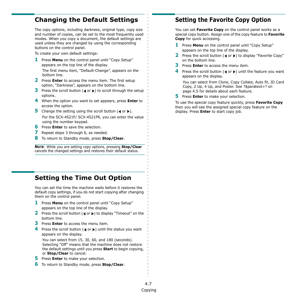 Changing the default settings, Setting the time out option, Setting the favorite copy option | Samsung SCX-4521F-XAA User Manual | Page 38 / 125